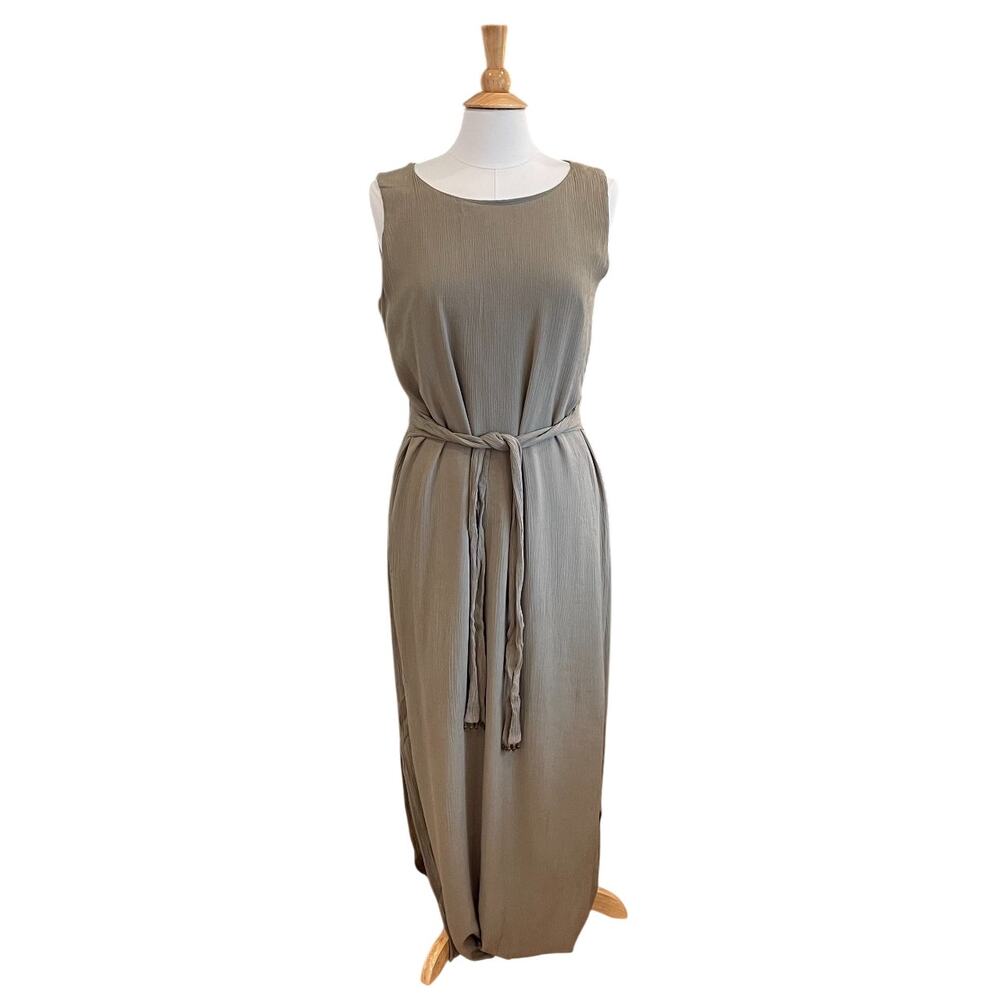 Chico's 1.5 Olive Green Gauze Sleeveless Maxi Dress, Tie Belt, Ruched, M